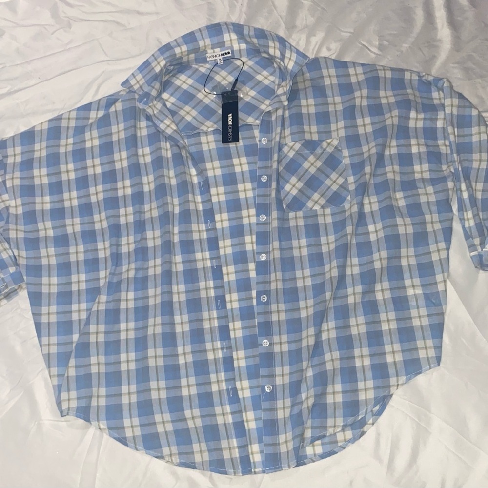 Fashion Nova Light Blue Oversized Plaid Shirt - Picture 3 of 6